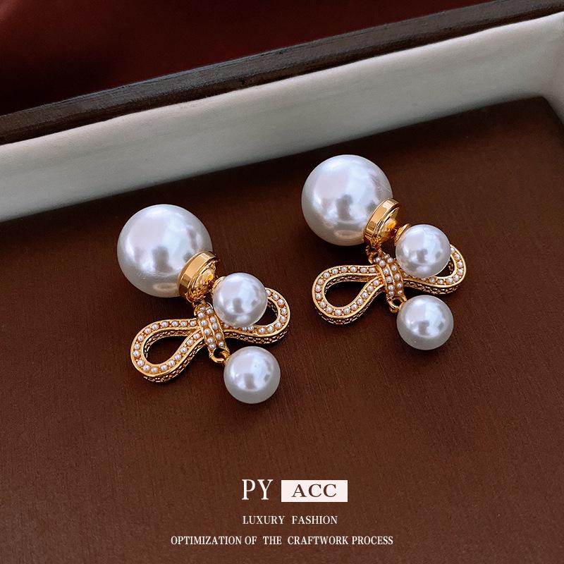 Gold-Plated Silver Bow Pearl Earrings: Retro, Elegant, and Luxurious Studs