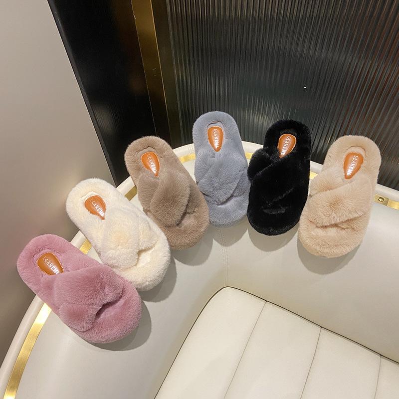 7Cm cross hairy slippers women's 2025 autumn and winter new thick-bottomed warm word lazy thickened cotton slippers women