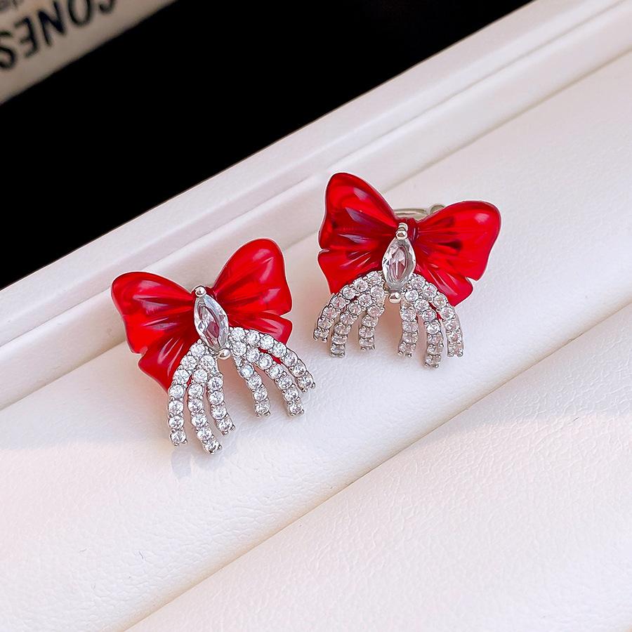 New Year s red zircon resin bow earclip women s pierless sweet versatile earrings earrings