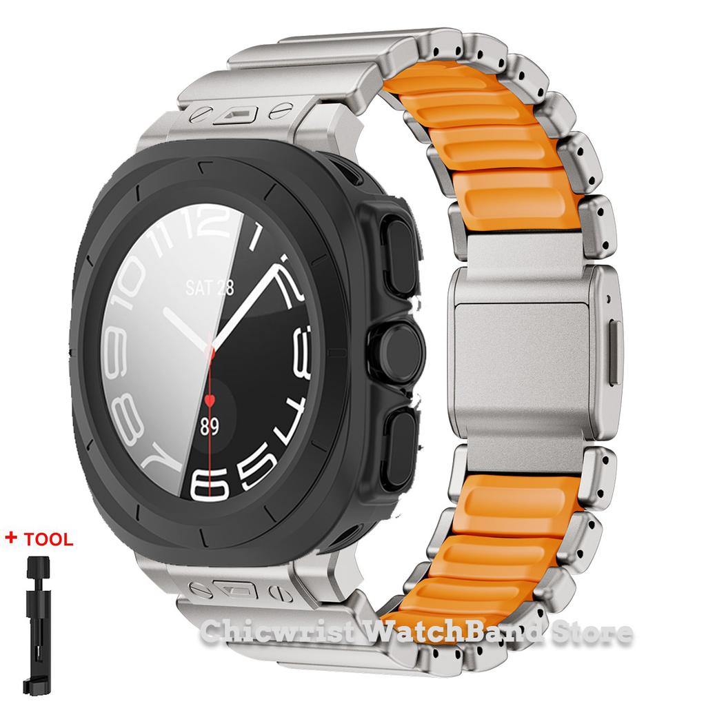 Armband+Hülle für Samsung Galaxy Watch Ultra 2025/7 ultra Edelstahl Gummiarmband Gehärtetes Glas Displayschutz Hülle aus Hart-PC