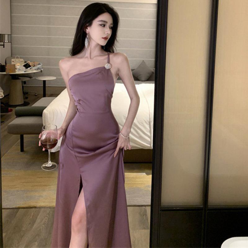Design Sense Niche Suspender Purple Dress Female Summer Socialite Temperament Backless Sexy Split Dress Dress