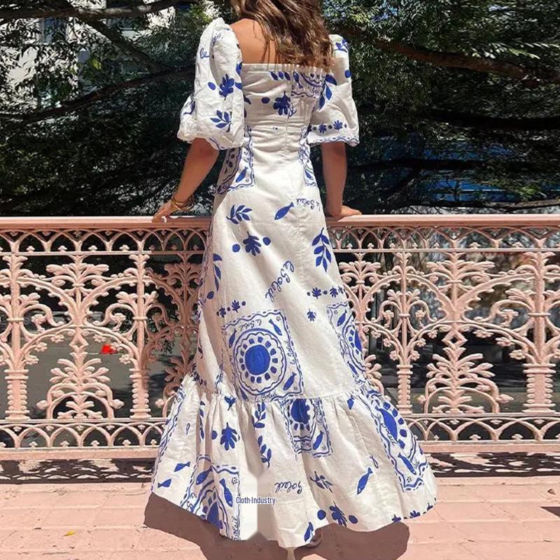 2026 Spring Women's Casual One-Shoulder Print Lantern Sleeve Slim Fit Dress