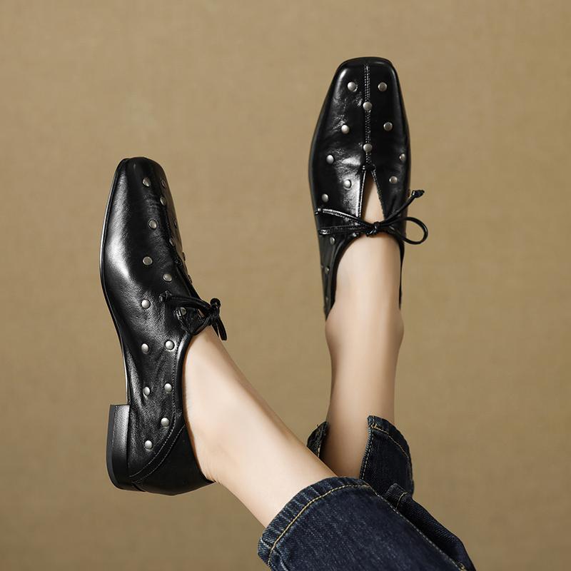 

Мода 2025 Новые Весенние Женские Туфли Квадратный Носок Массивный Каблук Обувь Натуральная Кожа Обувь для Женщин Мюли оксфорд Заклепки Женская Обувь 42 чёрный
