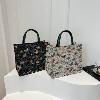 Forest Light Retro Oil Painting Style Linen Handbag New Trendy Butterfly Tote Bag One Shoulder Large Capacity Women's Bag