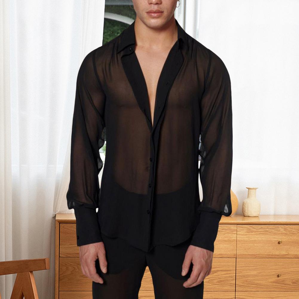 Schwarze durchsichtige Bluse für Herren Netz Durchsichtig Dünn Langarm V-Ausschnitt Revers Stilvolle einreihige Bluse Sexy Basic B
