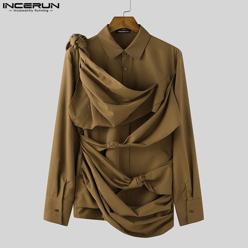 INCERUN Men Irregular Ruffled Shirts Front Cross Hollow Long Sleeve Tops
