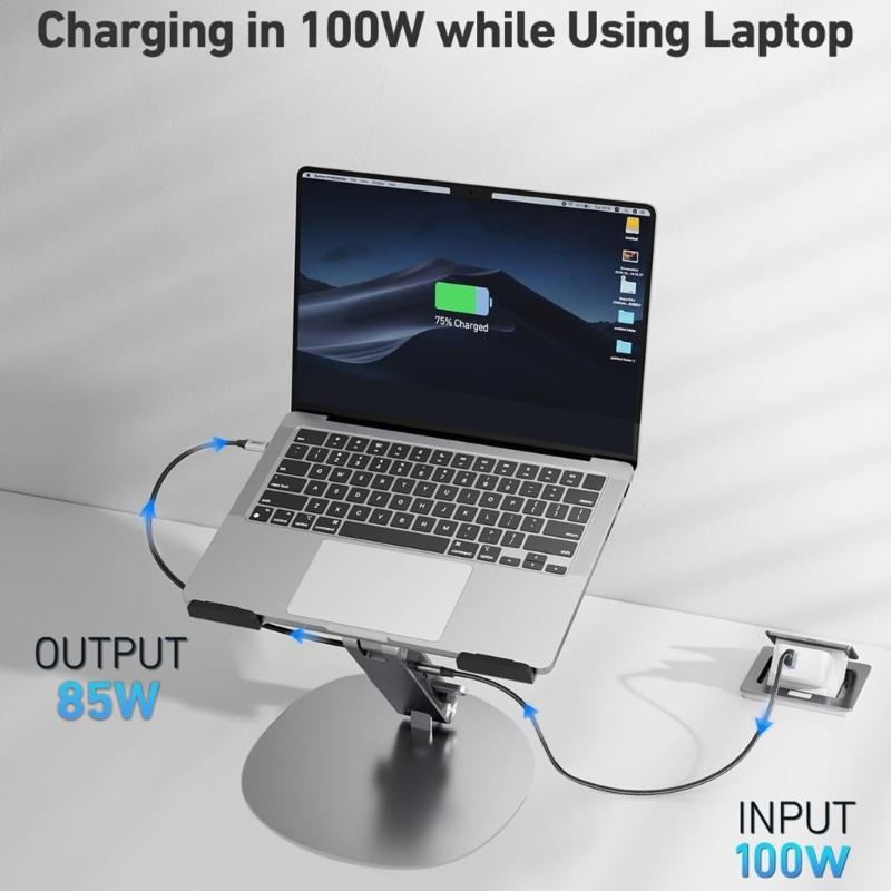 Regulowany aluminiowy stojak na laptopa z dołączonym połączeniem USB typu C oferujący szybkie ładowanie 100 W i szybki transfer danych USB