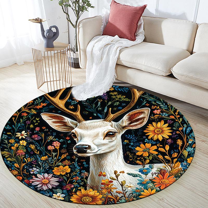 Deer Floral Round Area Rug,Carpet Rug for Living Room Bedroom Sofa Playroom Decor,Non-slip Floor Mat