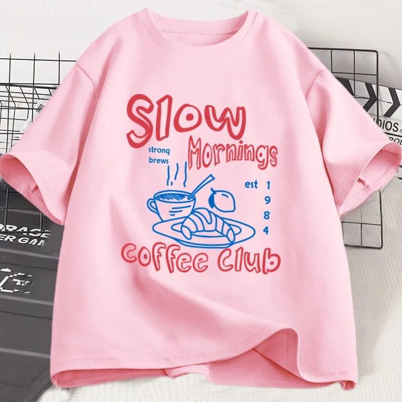 Slow Mornings Graphic Tshirt Man Trendy Coffee Club Tshirt Retro Coffee and Croissant T Shirt Breakfast Club Tee Clothing S