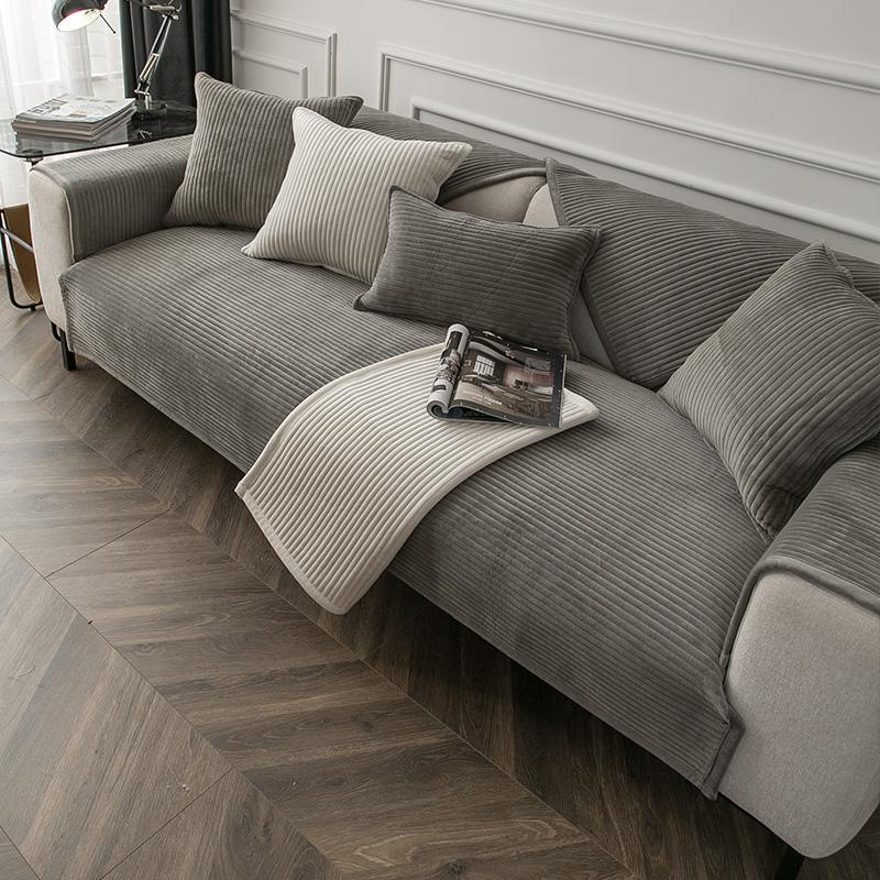 Simple Plush Sofa Cushion Winter Solid Gray Thickened Anti-slip Cushion Modern Sofa Cover Cover