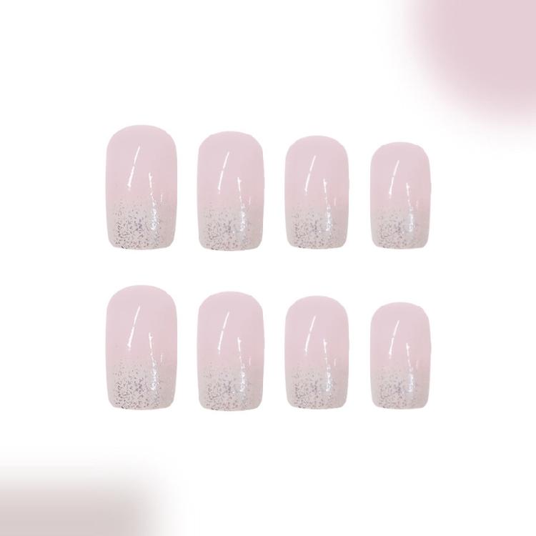 24 Pcs French Tip Full Cover Stick On Nail Short Square False Nail Glitters Artificial Nail Gradient Press On Nail