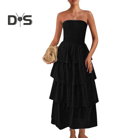 Trägerloses Kleid für Damen, schulterfrei, rückenfrei, ärmellos, Strandkleid, mehrlagiges Rüschenkleid, verstreuter Saum, Urlaubskleid, elastische Brust, Maxikleid