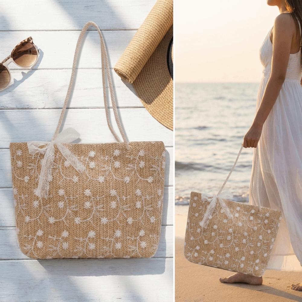 Portable Straw Woven Shoulder Bags Lace High-capacity Beach Bag All-Match Waterproof Shopping Bag Summer