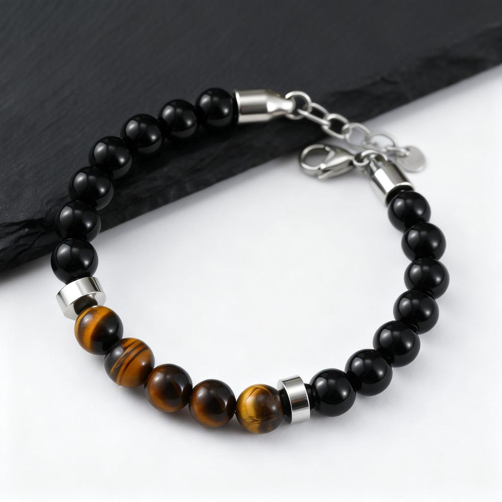 Herren Armband mit Perlen, Tigerauge Stein Schwarze Perlenarmbänder, Lässiger Schmuck Geschenk für Ihn Jungen