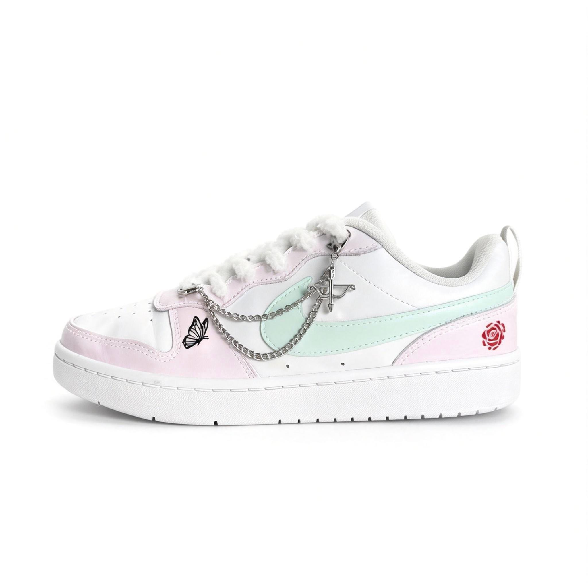

Nike Pink White Silver Chain Leather Cushioning Abrasion Resistant Slip Resistant Low top Skateboard Shoes Unisex Pink BQ5448-100(team1670-) 35.5