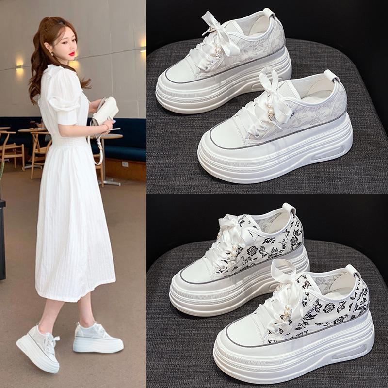 9cm thick-soled inner height-increasing little white shoes women's leather mesh breathable casual sports board shoes women's national style little