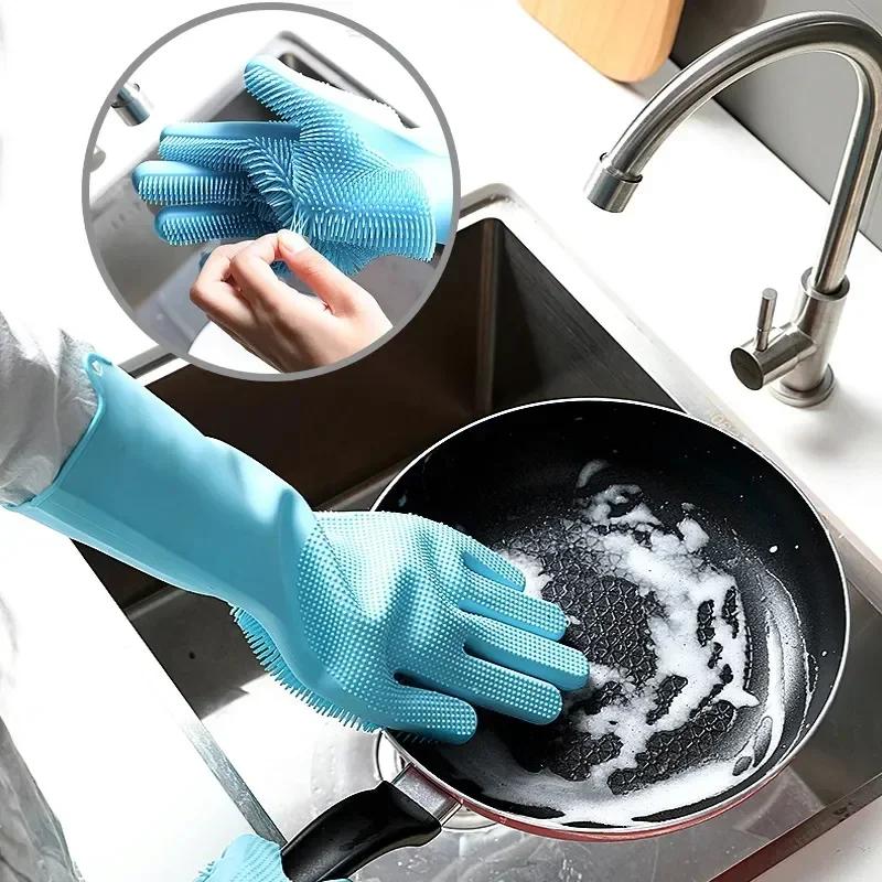 Silicone rubber sponge scrubber gloves multi-purpose household pet grooming dishwashing gentle clean daily use cleaning gloves