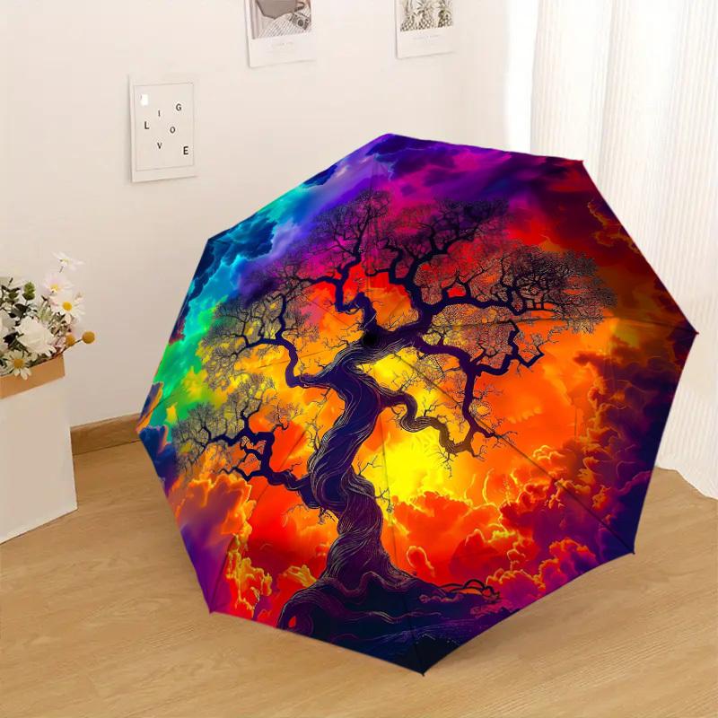 1PC Tree of Life Cosmic Art Pattern Small Travel Automatic Folding Umbrella, Compact Windproof Umbrella, Automatic Open/Close ,Gift-091533