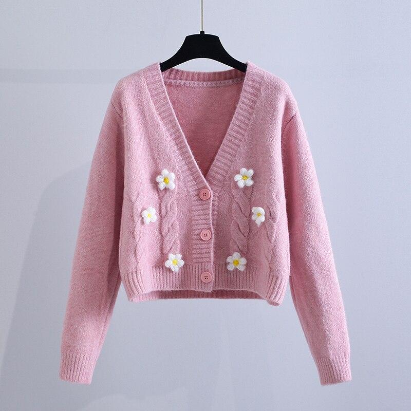 

Шерстяной кардиган с милыми цветами, свитер, женское пальто, осень 2023, свободные вязаные кардиганы с длинными рукавами, зимние теплые укороченные трикотажные изделия 28392 One Size розовый