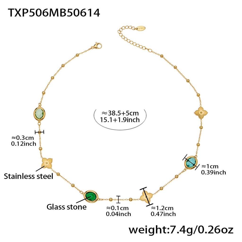 18K Gold-Plated Stainless Steel Jewelry Set: Bead Chain Necklace & Earrings with Oval Bezel Faceted Glass Stone.