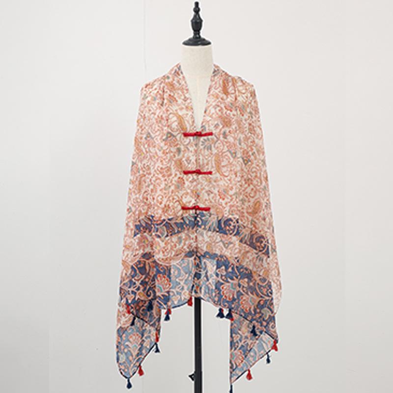 "Summer Ethnic Style Cotton-Linen Shawl: Handmade Retro Button Sunscreen Beach Cover-Up"