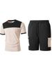 Men Color Block Casual Round Neck Short Sleeve T Shirt Cargo Shorts Two Piece Set