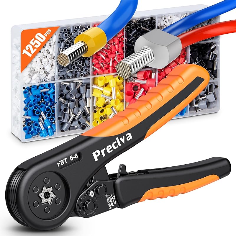 Preciva Ferrule Crimping Tool Kit with 1500PCS Wire Connectors, Hexagonal Crimping Pliers for AWG 28-5 Crimper Adjustable Ratcheting Wire Crimping CP58125