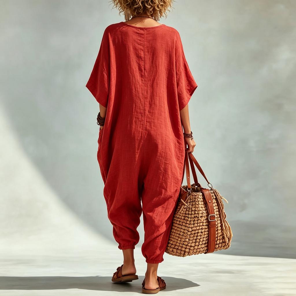 Women Linen Cotton V Neck Loose Fit Large Pocket Lantern Pants Jumpsuit Casual Lightweight One Piece Outfit