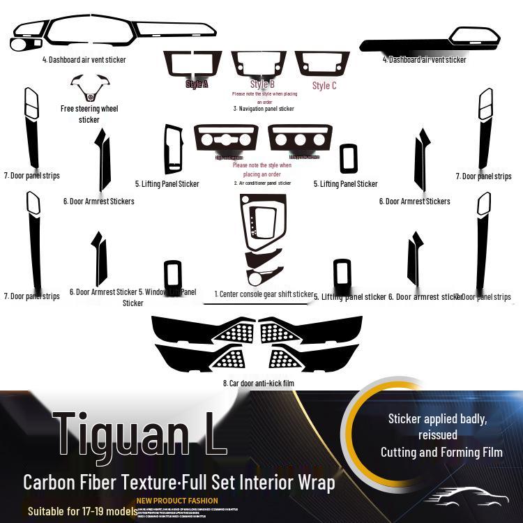 Volkswagen Tiguan L Interior Carbon Fiber Film (2017-2019) - Anti-Scratch, Anti-Kick, Center Console & Door Coverage