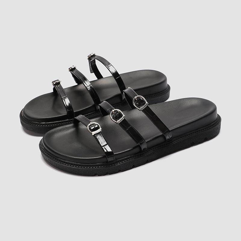 Fashion Cool Slippers Woman Fashion Outside Summer New Thick Soled Beach Shoes with Metal Belt Buckle Women's Flat Slippers Platform