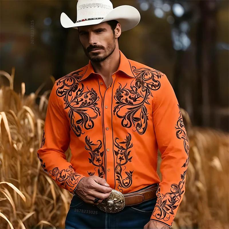 Chemise Western Décontractée en Denim pour Homme, Nouvelle Mode, Motif Imprimé 3D, Chemise Décontractée Rétro pour Vacances avec Boutons, Manches Longues Shi