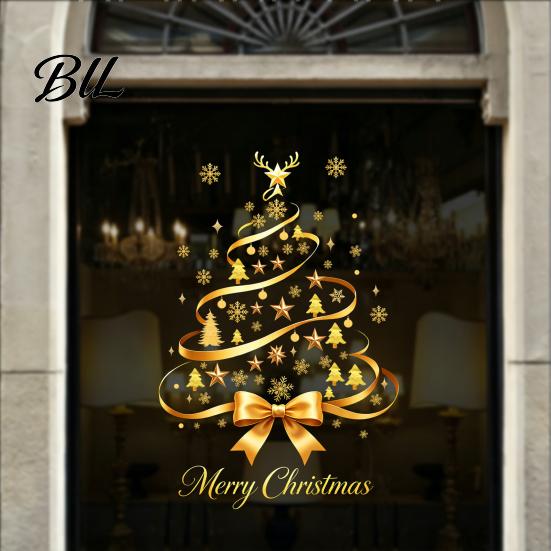Indoor Outdoor Christmas Ornaments Gold Ribbon Tree Static Window Cling, Glass Sticker with Bow, Reindeer Holiday Storefront Displays Antler