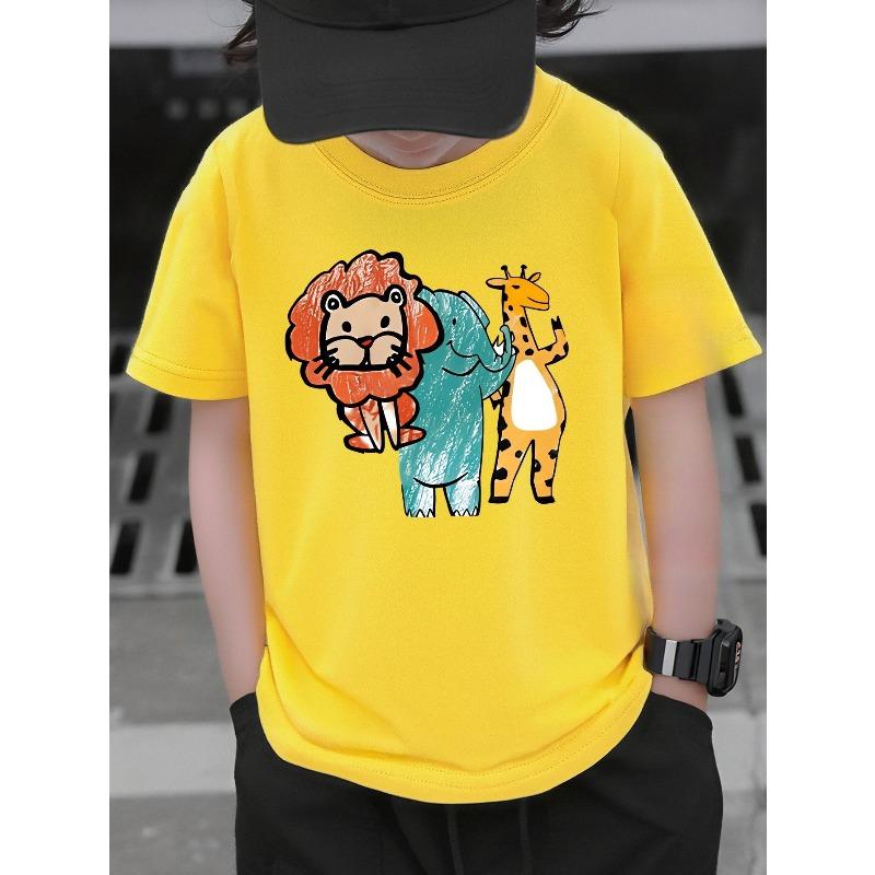 Boys Knit Crewneck T-Shirt, Cute Lion Elephant Giraffe Cartoon Animal Print