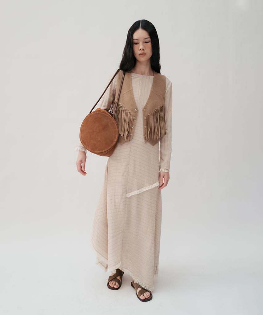 Bopeu Beina Fringe Maxi Dress (Beige Stripe)