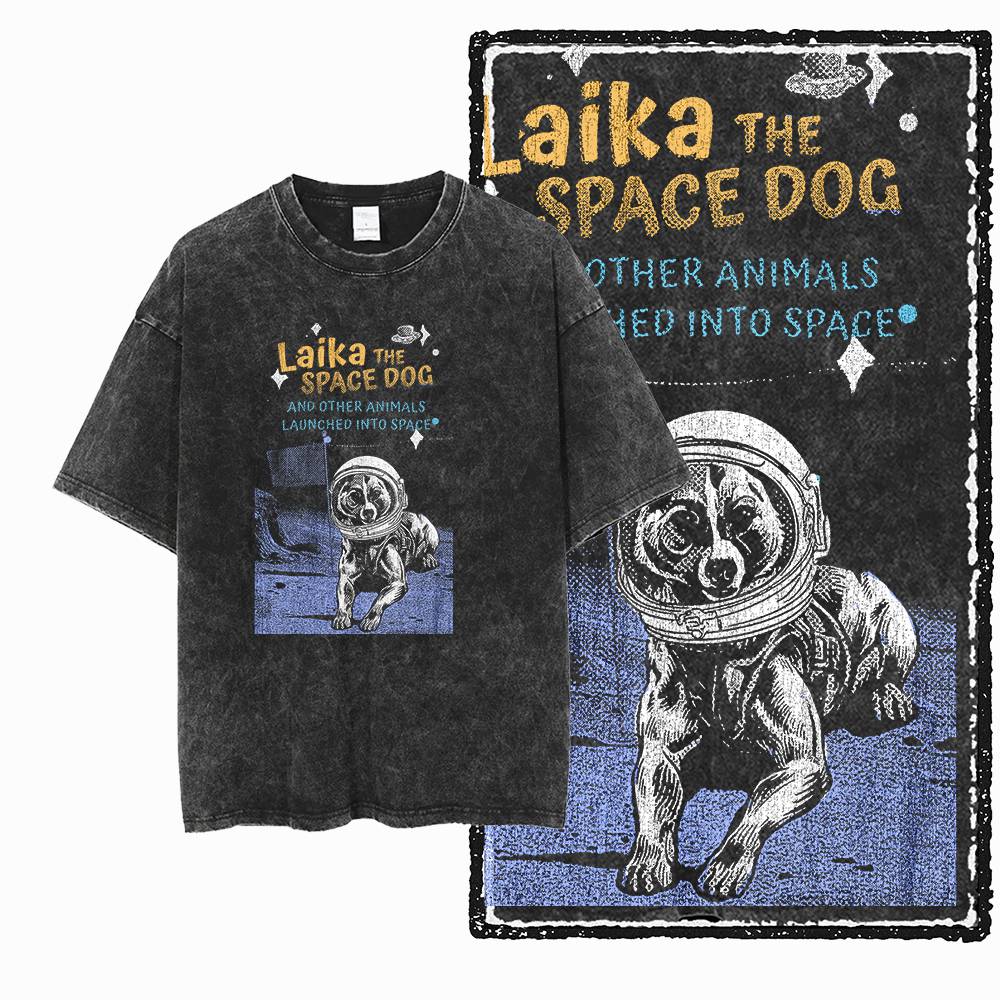 G Acid Washed Black Cotton Unisexs Streetwear Dog Laika GraphicTshirt Big Size Cool Vintage Oneck Unisexs Tee Tshirt