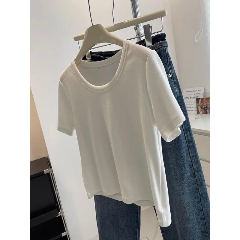 T-shirt da Donna Estiva Nuova Colore Unico Larga Slim Stile Coreano Spalla Destra Top Versatile