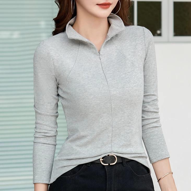 Dámské jarní bavlněné tričko s dlouhým rukávem a polozvýšeným krkem, slim