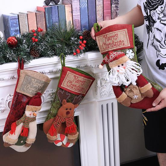 18" Christmas Stocking 3D Plush Santa Snowman Reindeer Design Hanging Burlap Stocking for Farmhouse Holiday Decor