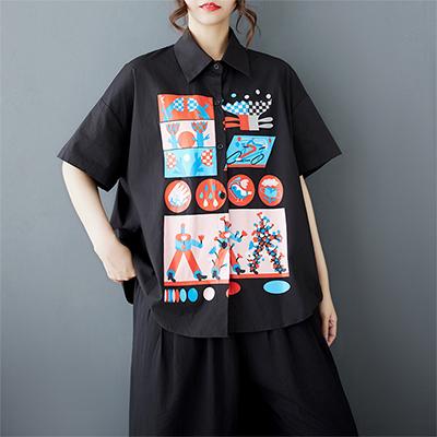 DIMANAF 2026 Dame Plus Size Ny Forår Sommer Bluse Print Kortærmet Afslappet Skjorte Løse Toppe Skjorter Bomuld