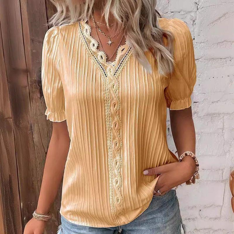 Summer New Vacation Fashion Hollow out Short sleeve European and American Women clothes V-neck Shirt Women's V-neck Shirt