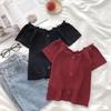 Moda Elegante Borda de Orelha de Madeira Manga Curta Ajustado Fino Gola Uma Linha Sem Alças Seção Fina Tops de Tricô Essencial Casual Pulôveres Slim Fit Camisetas