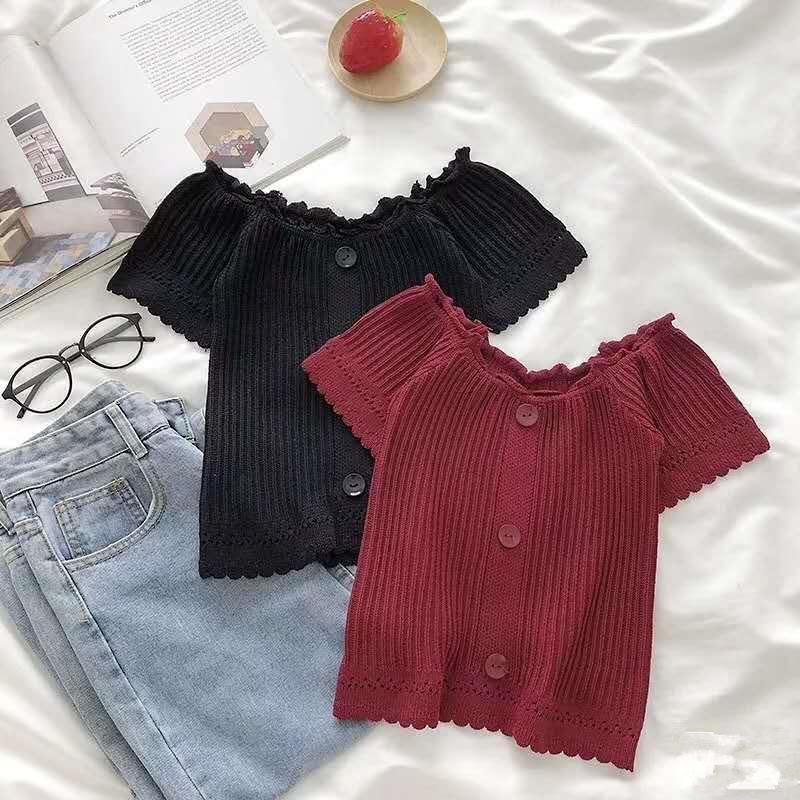 Moda Elegante Borda de Orelha de Madeira Manga Curta Ajustado Fino Gola Uma Linha Sem Alças Seção Fina Tops de Tricô Essencial Casual Pulôveres Slim Fit Camisetas