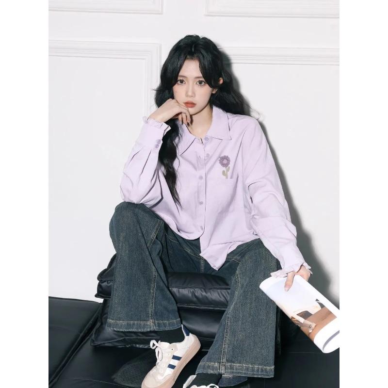 Spring Women s Casual Floral Embroidered Ruffle Sleeve Button Down Blouse M фиолетовый