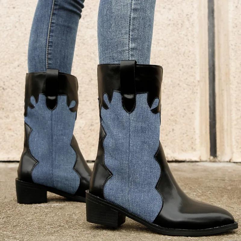 Fashion 2024 Summer Vintage High-heeled Boots Women's Versatile Spliced Pointed-toe Short Boots Western Denim Retro Style