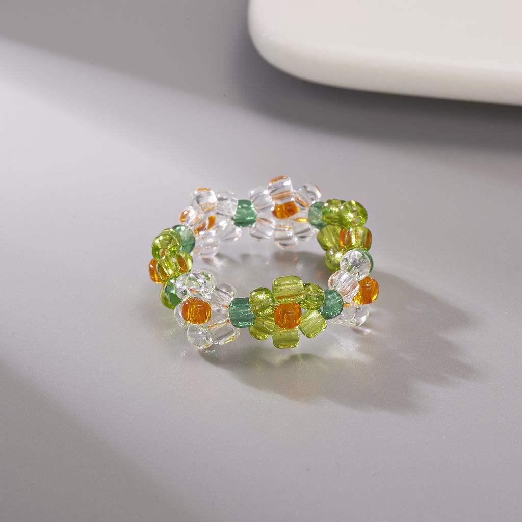 Cute Colorful Flower Finger Ring Rice Beads Elastic Chain Beaded Ring For Women Girls Charm Temperament Jewelry Gift Adjustable