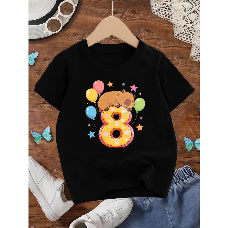 European sizes Kids' Birthday-Themed Capybara Number 8 Print Round Neck Short-Sleeve Top, a Stylish Outfit Suitable for School Outings