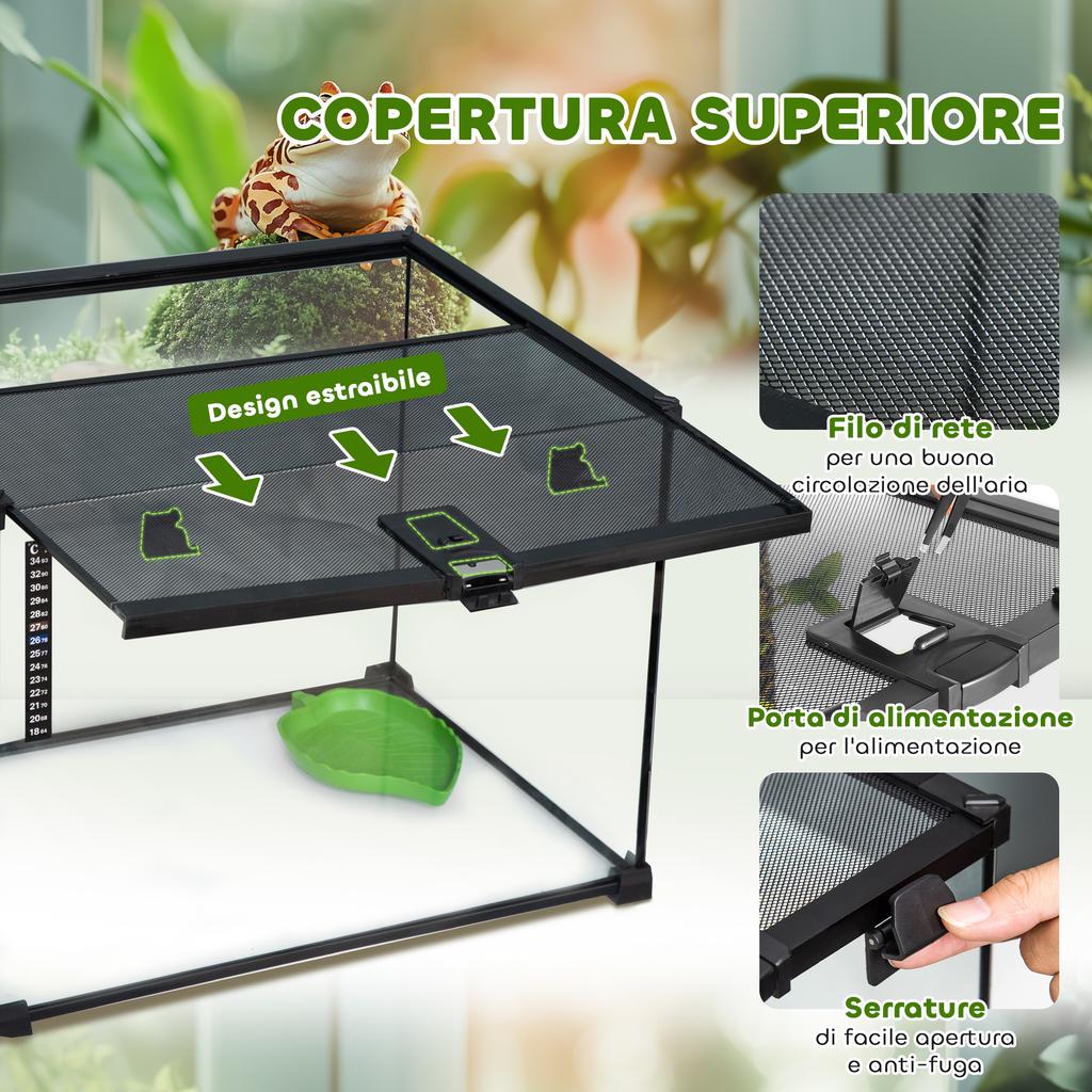 Raised Reptile Terrarium with Lock and Thermometer, Glass and Wire Mesh, 50x30x35 Cm, Black