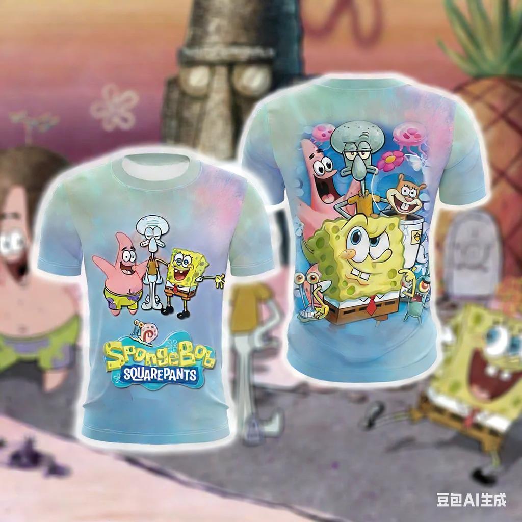 2026 Hot Selling Fashion New Personality SpongeBob SquarePants Underwater Adventure Pattern Round Neck 3D Printed Casual T-shirt