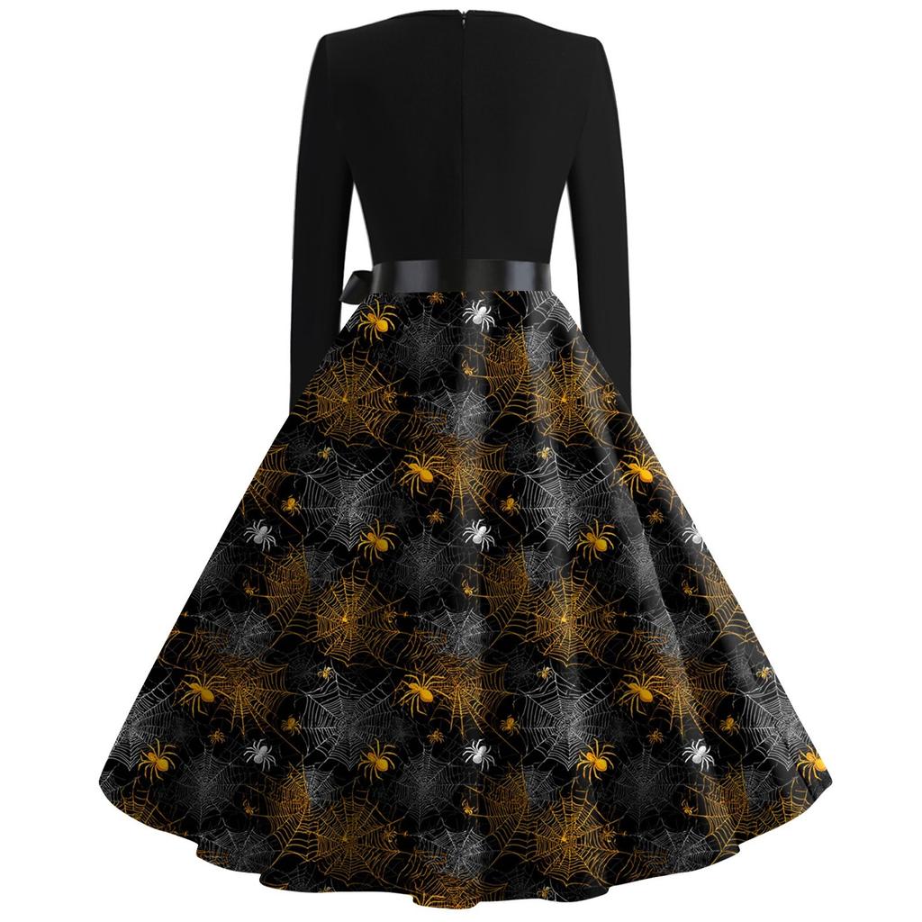 Damen Casual Fashion Langarm Halloween Grafik bedruckt Vintage Lange Kleider