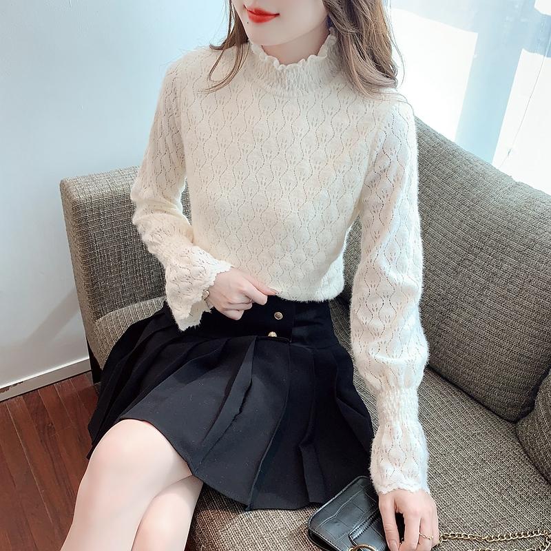 Autumn Winter Fashion New 2024 Long Sleeve Half High Collar Apricot Velvet Lace Blouse Shirt Women Tops Blouses Shirts J752